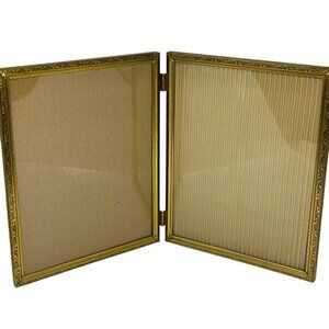 VTG Gold Tone Bifold Picture Frame Ornate Double Hinged Photo Tabletop Display